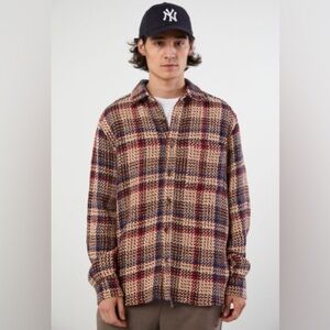 Urban Outfitters Knit Plaid Long Sleeve Button Up Shacket Jacket Shirt-Men Small